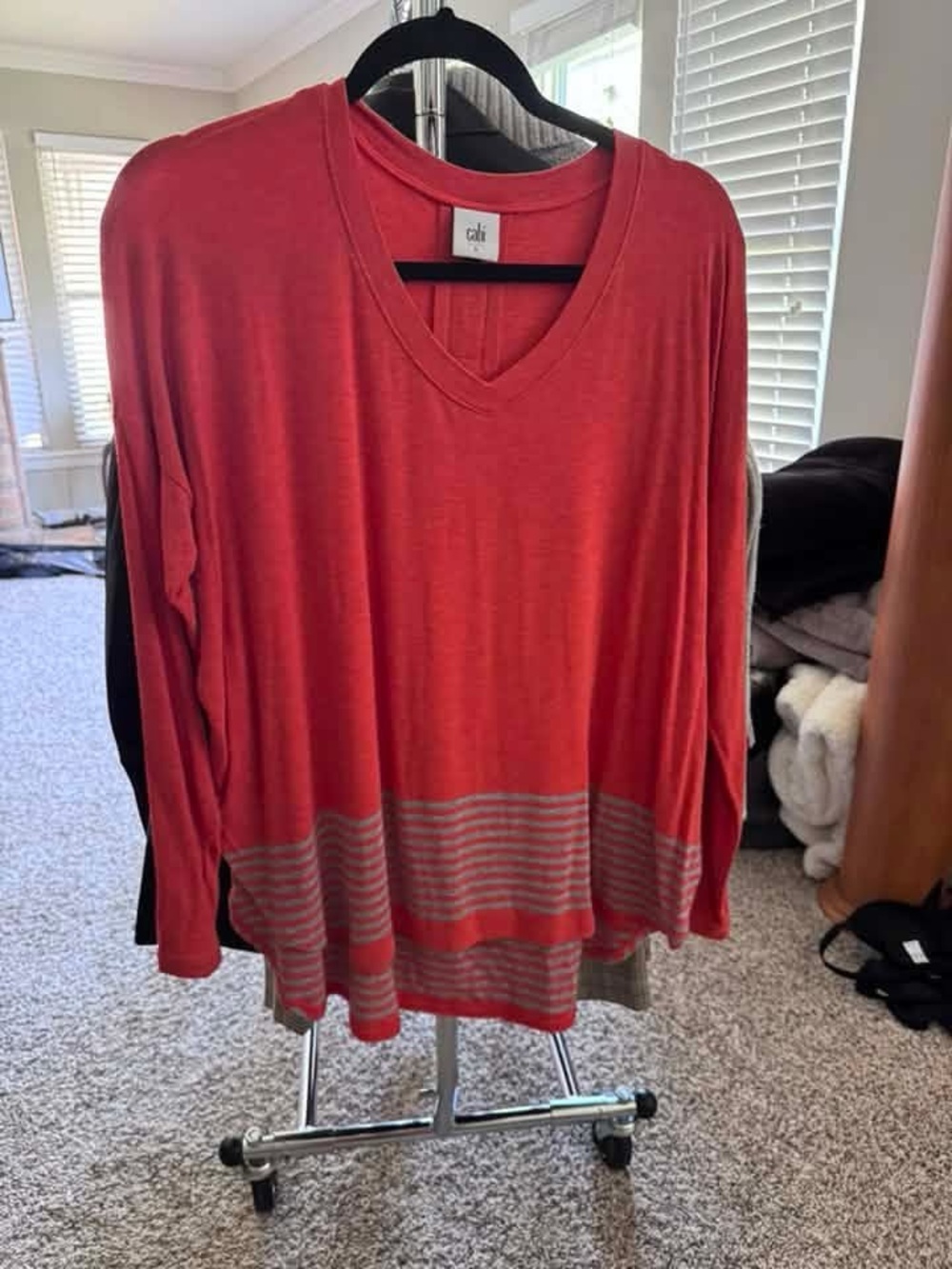 Cabi orange with grey stripes V-Neck Long Sleeve Top